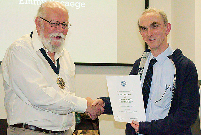 Carel Sartory presenting Alan Wood with a Certificate of Honorary Membership