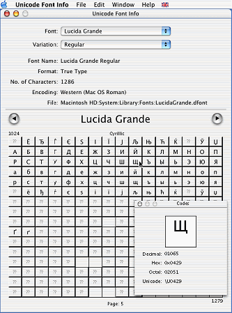 Screen shot of Unicode Font Info